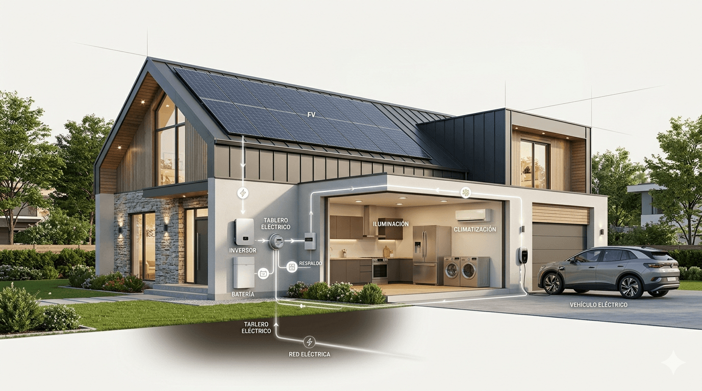 Infografía de sistema residencial con paneles solares, inversor, batería, respaldo, red eléctrica y vehículo eléctrico