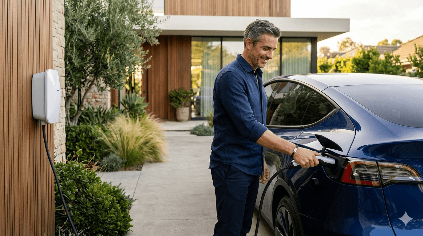 Persona conectando un vehículo eléctrico a un cargador domiciliario