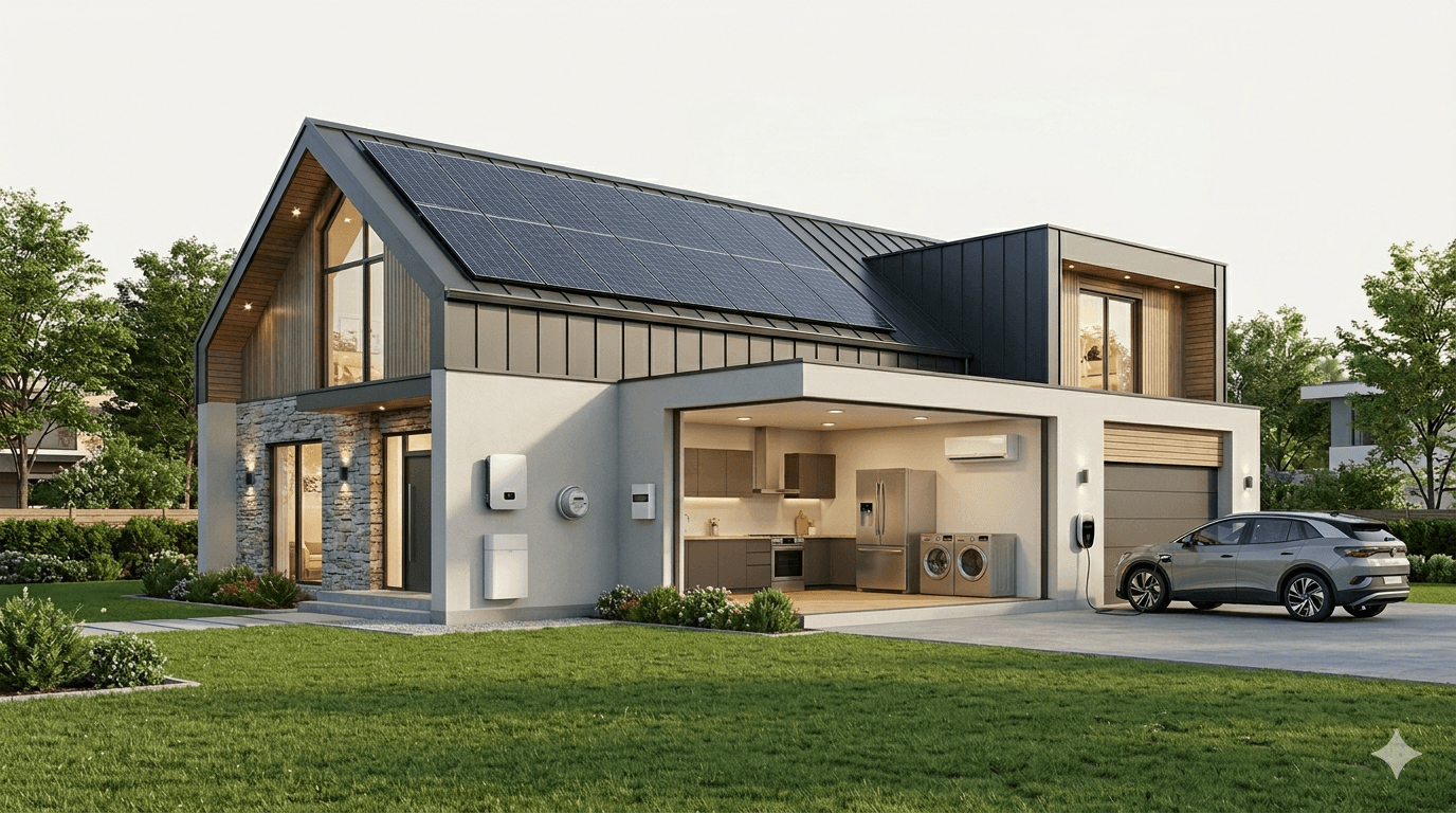 Casa moderna con paneles solares, batería mural y cargador para vehículo eléctrico